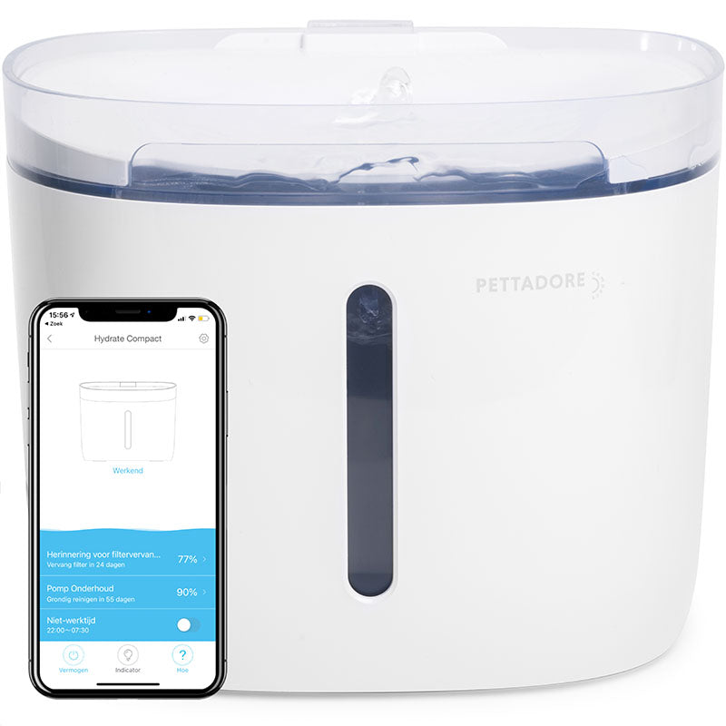 Pettadore Hydrate Compact drinkfontein katten honden app smart waterfontein, kattenfontein
